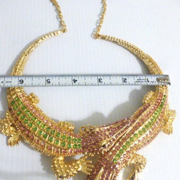 Vintage 1 of A Kind CROCODILE NECKLACE & EARRINGS Rhinestones Statement Jewelry - Picture 7 of 14